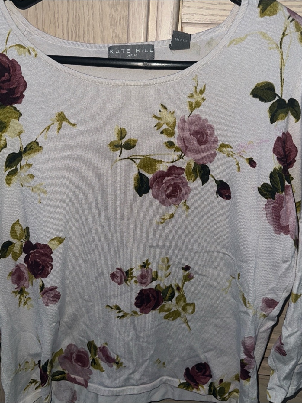 Kate Hill White Floral Scoop Neck Sweatshirt with Pink Roses